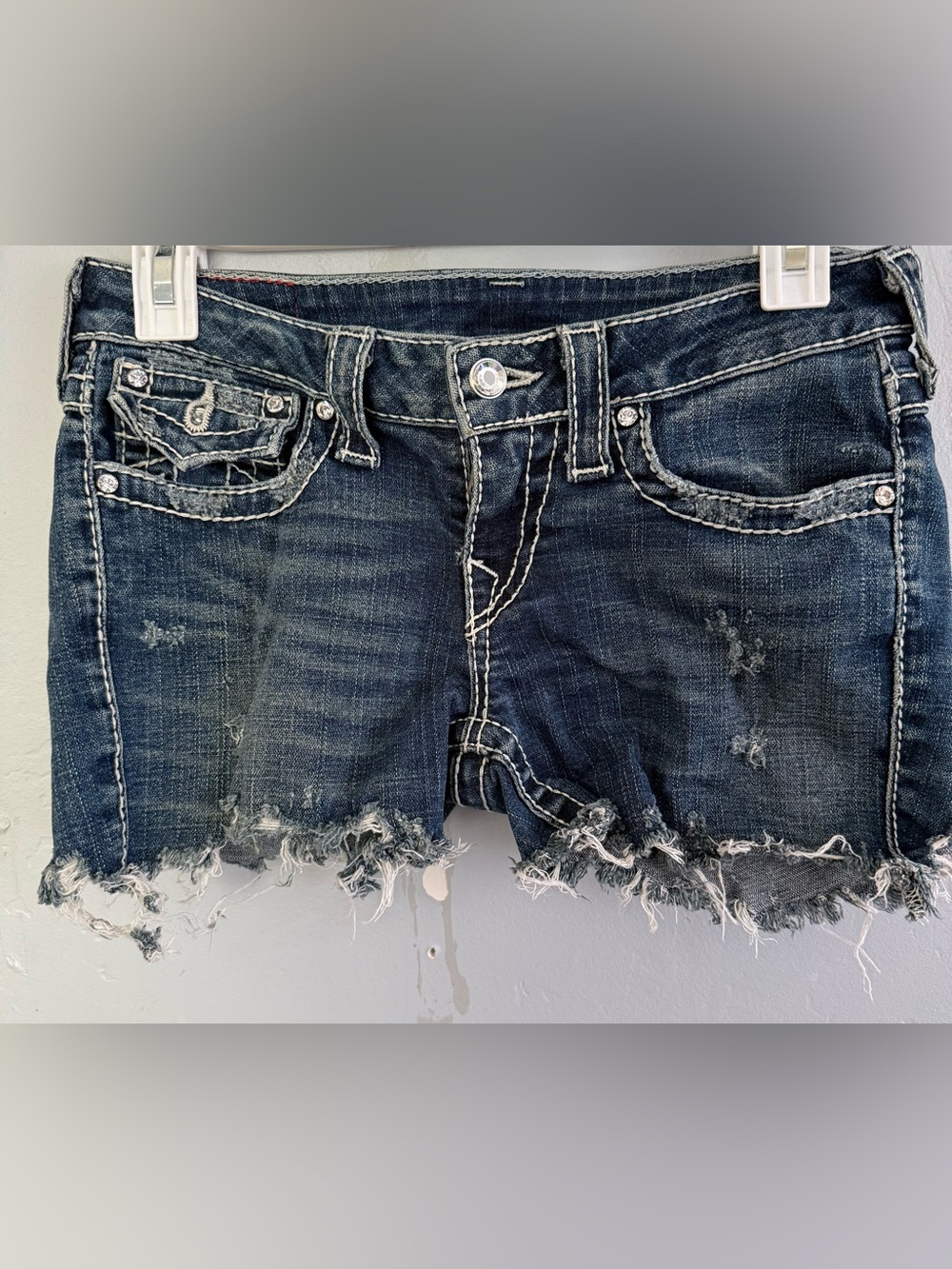 True Religion Dark Blue Distressed Frayed Hem Denim Shorts